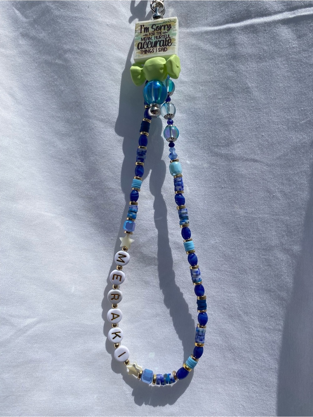 Handmade Blue Beaded Keychain with beaded bar “Meraki “